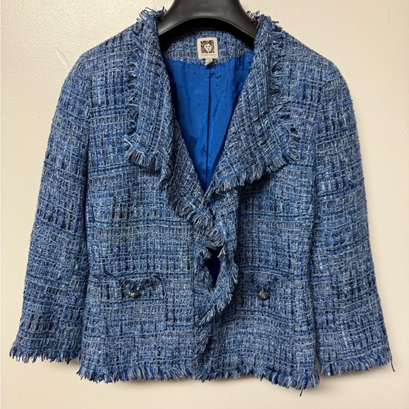 Anne Klein Fringe-Trimmed Blue Blazer - Picture 1 of 7